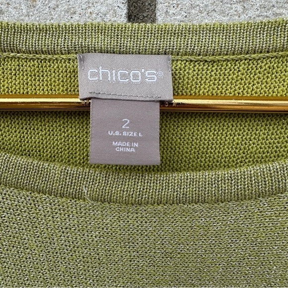 Chico’s Citron Green Shimmer Linen Blend Pullover Sweater Top L Metallic - Picture 6 of 11